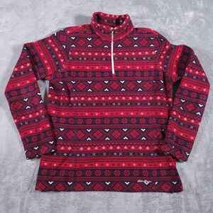 Eddie Bauer Fleece Pullover Womens Large Red Geometric 1/4 Zip Sweater Holiday